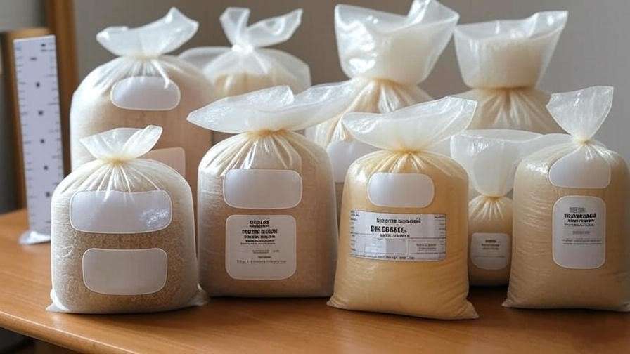 A set of mushroom grow bags with different sizes and filter patches, placed next to a ruler or measuring tape.