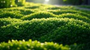 A lush, vibrant expanse of creeping lily turf ground cover with dense, green foliage, bathed in soft morning sunlight, showcasing its low-maintenance and lush qualities ideal for gardening.