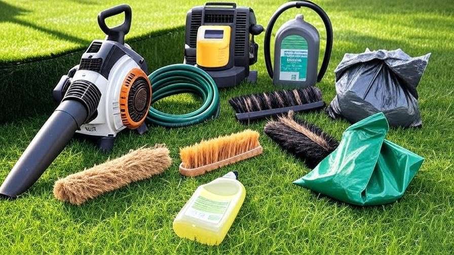 A flat lay of essential tools for cleaning artificial turf, including a leaf blower, garden hose, stiff-bristled brush, turf cleaner, and pet waste disposal bags.