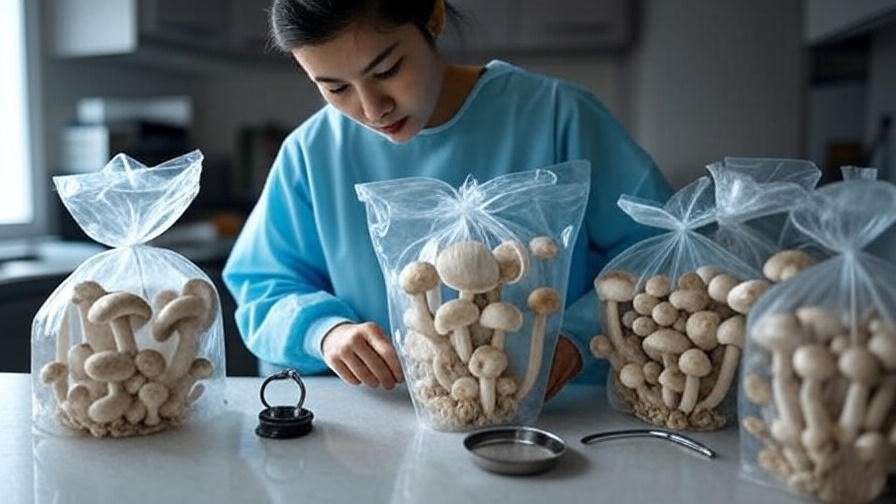 A person sterilizing and preparing mushroom grow bags with substrates and inoculation tools.