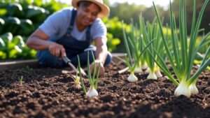 A vibrant garden scene featuring a gardener planting onion bulbs in well-drained soil with a trowel, the soil amended with compost, and young onion plants in various stages of growth thriving under ample sunlight.