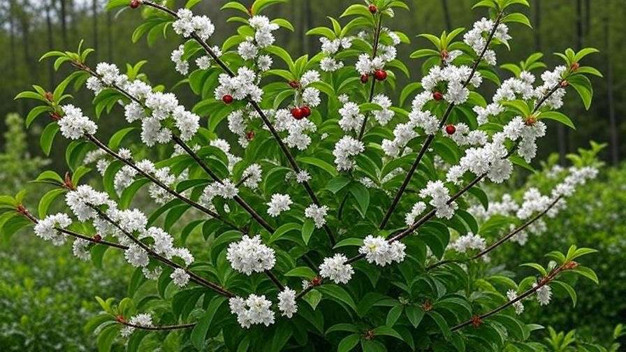 A vibrant photo of a Nanking Cherry plant with its red cherries and blossoms in full bloom.