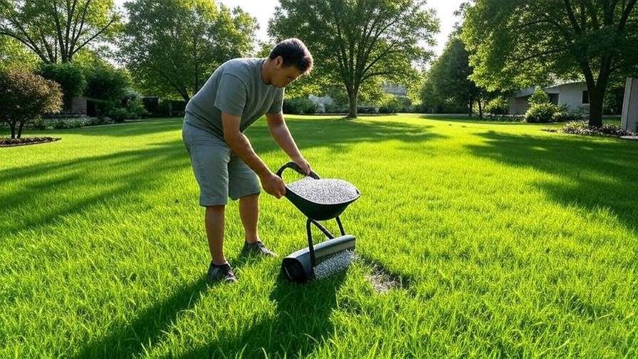 A person using a broadcast spreader to apply granular fertilizer on a lawn.