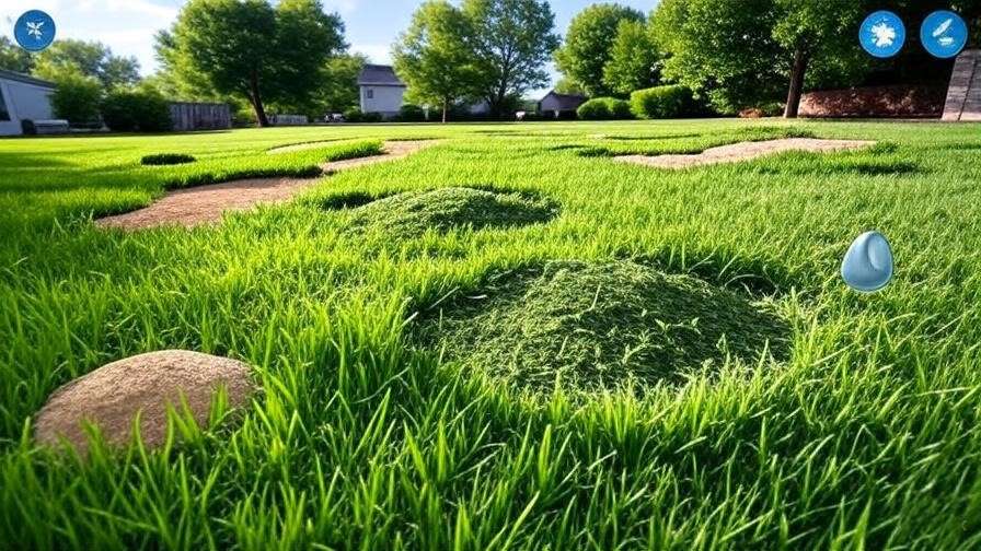 A split image showcasing different lawn types: one side with a sunny lawn (Bermuda or Zoysia), another with a shaded lawn (Fine Fescue), and a drought-prone lawn (Buffalo grass).