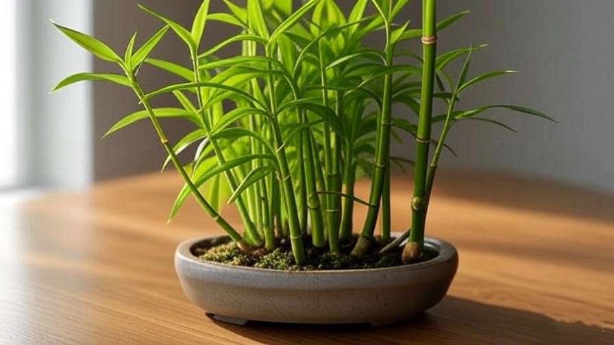 A close-up of a bonsai bamboo plant showing its unique shape and structure, highlighting the slender stems and lush green leaves.