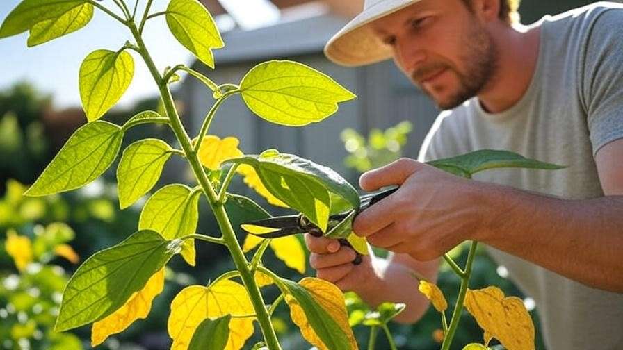 A gardener using pruning shears to trim the vines or leaves of a pickle plant, demonstrating how to prune properly.