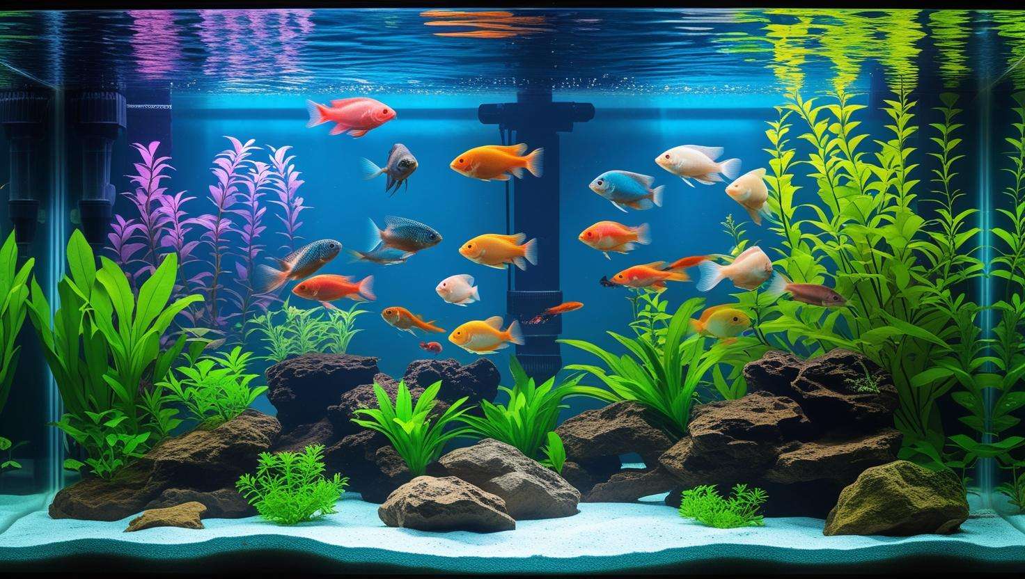  A vibrant aquarium with clear water, healthy fish, and thriving plants.