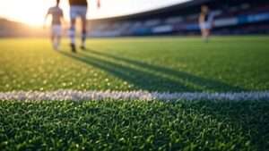 A vibrant hybrid turf sports field with a white line marking, featuring blurred players in the background and a stadium setting at sunset, highlighting the innovative surface for sports.