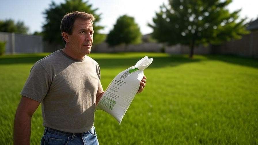  A person holding a bag of fertilizer while inspecting the lawn. 