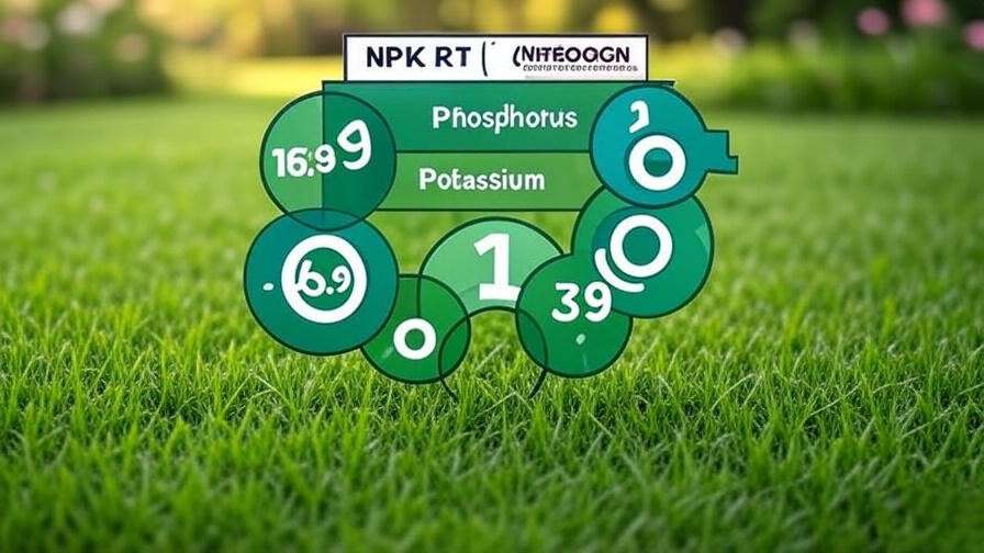  A visual representation of the NPK ratio with a Bermuda grass lawn in the background, illustrating the concept of nitrogen, phosphorus, and potassium in the fertilizer.