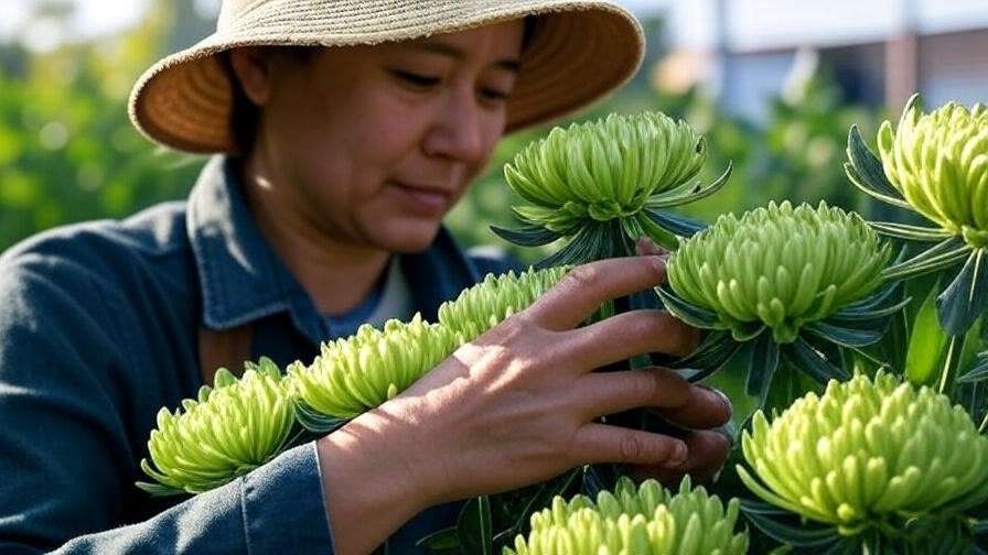 A close-up of loroco flowers being harvested, with a gardener using pruning shears to cut the tender buds.