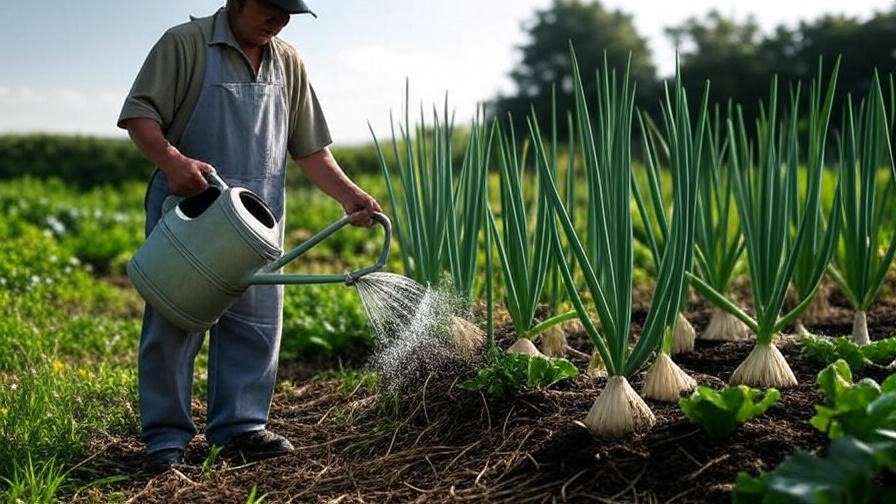 A gardener watering onion plants or applying mulch around them. 
