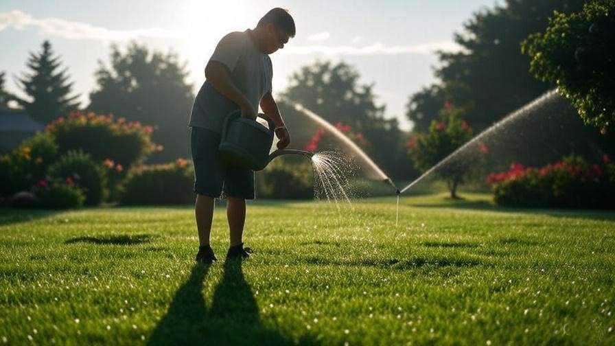 A person watering the lawn in the early morning, with sprinklers in the background.
