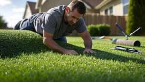 A person laying on freshly installed artificial turf in a backyard, inspecting the grass closely, with tools and a rolled-up turf section nearby, under a bright sunny sky with houses and greenery in the background.