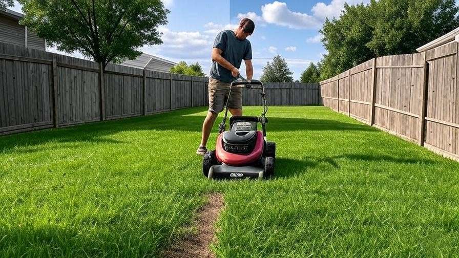 A split image showing a small residential lawn and a large commercial lawn, with a person choosing the right lawn mower.
