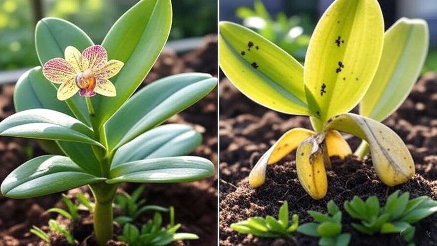 A side-by-side comparison showing healthy vs. unhealthy ground orchid plants with signs of yellow leaves and pests.