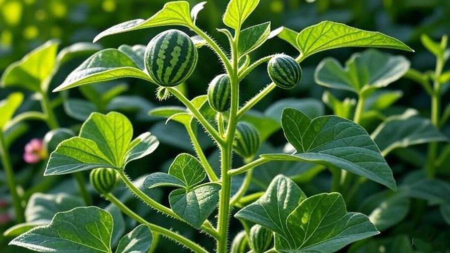  A close-up of the pickle plant showing its unique mini watermelon-like fruits on a vine, possibly with heart-shaped leaves visible.