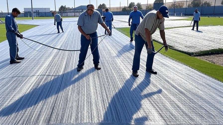 An image of workers installing synthetic fibers on a sports field. The image could include machinery used for installation and workers preparing the ground, emphasizing the process of hybrid turf installation.
