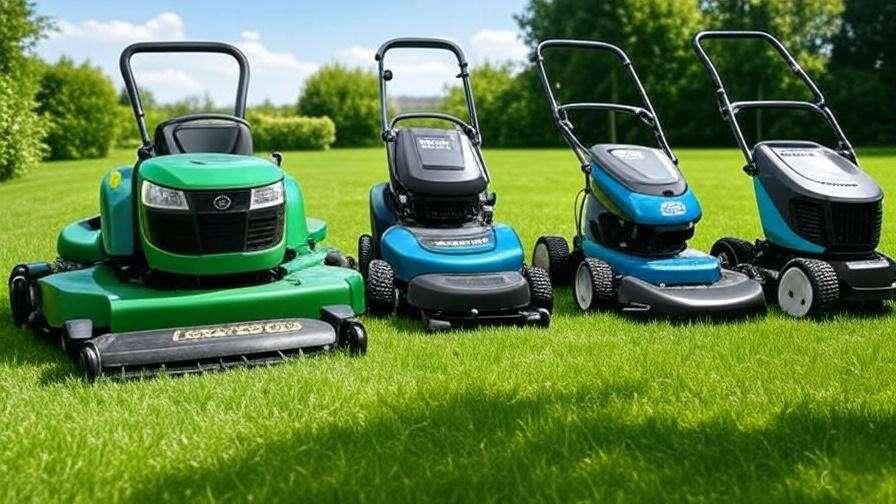 A group shot of different Scag mowers (zero-turn, walk-behind, stand-on, and ride-on models).