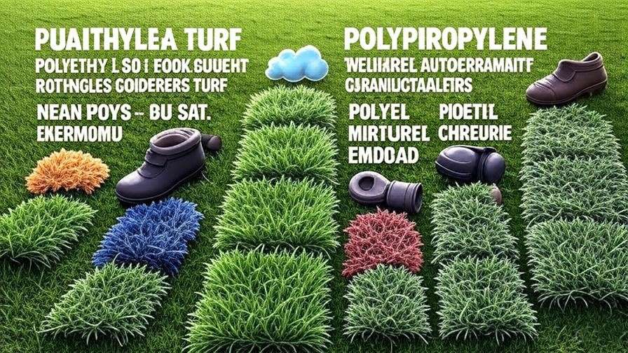 An infographic showing the three main types of artificial turf materials: polyethylene, polypropylene, and nylon, with a focus on their characteristics (e.g., softness, durability, and ideal use cases).