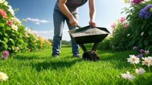 A vibrant, well-maintained lawn with a person applying fertilizer using a spreader, surrounded by blooming flowers and clear blue skies, featured as an image for an article titled "Summer Lawn Fertilizer: The Ultimate Guide to Achieving a Lush, Green Lawn All Season Long.