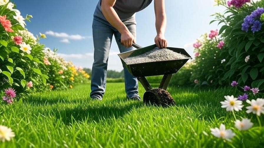 A vibrant, well-maintained lawn with a person applying fertilizer using a spreader, surrounded by blooming flowers and clear blue skies, featured as an image for an article titled "Summer Lawn Fertilizer: The Ultimate Guide to Achieving a Lush, Green Lawn All Season Long.