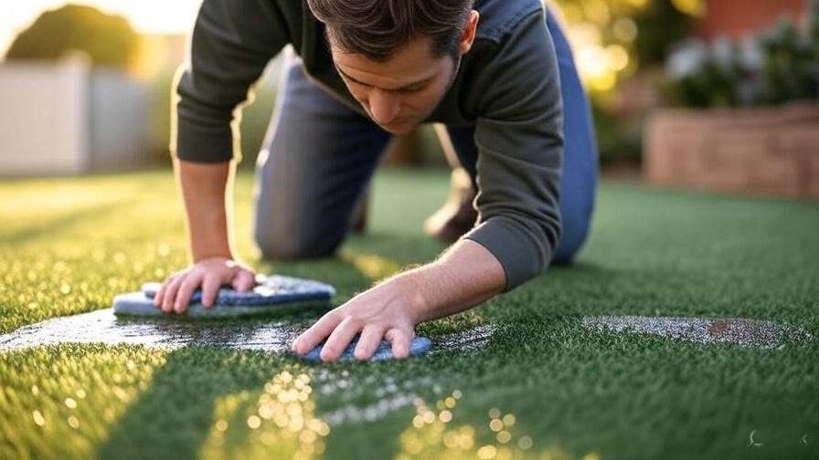  A close-up of someone scrubbing a stain on artificial turf with a brush and cleaner, showing the process of removing a tough stain (like a food or oil stain).