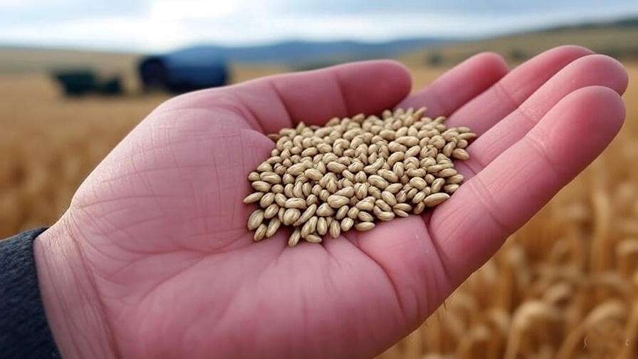 Close-up shot of winter wheat seeds next to a farmer inspecting the seeds.