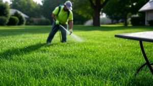 A lush green lawn with a person applying fungicide using a sprayer, showcasing a healthy yard with subtle droplets on the grass, set against a suburban backdrop with trees and houses, highlighting lawn care and disease prevention.
