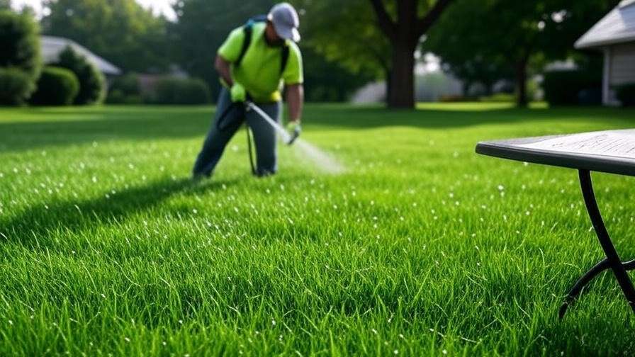 A lush green lawn with a person applying fungicide using a sprayer, showcasing a healthy yard with subtle droplets on the grass, set against a suburban backdrop with trees and houses, highlighting lawn care and disease prevention.