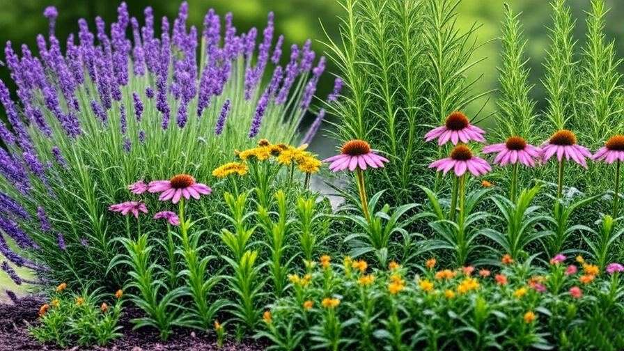  A collection of various heat-tolerant plants such as lavender, yucca, coneflower, and rosemary in a beautiful garden setting.