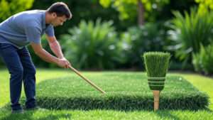 A person using a stiff broom to clean artificial turf, brushing the fibers upright to maintain a natural look, with a vibrant green lawn in the background.