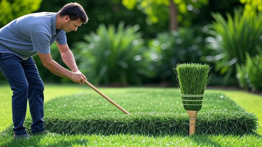 A person using a stiff broom to clean artificial turf, brushing the fibers upright to maintain a natural look, with a vibrant green lawn in the background.