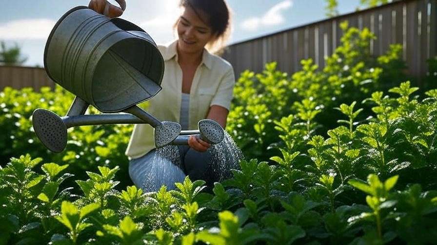 A watering can gently watering orange mint plants, with a bright and sunny background.