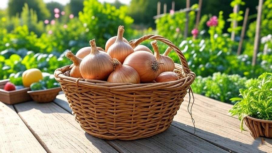  A basket full of freshly harvested onions with a garden background. 