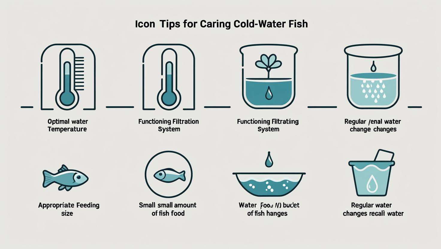 A series of icons or a small infographic showing care tips such as stable water temperature, proper filtration, and feeding tips for cold water fish.