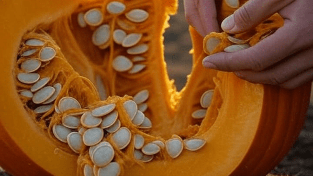 A close-up shot of a pumpkin being cut open, showing the seeds and pulp. Focus on the hands extracting the seeds with a natural, earthy feel.
