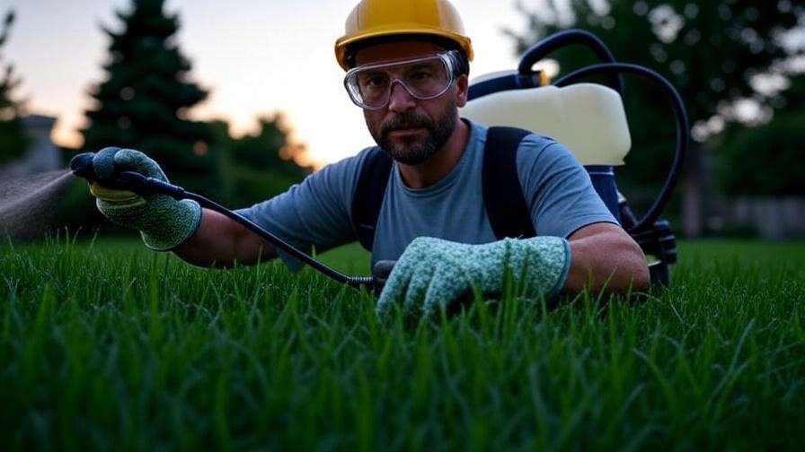 A person wearing protective gear, such as gloves and goggles, applying insecticide to a lawn. This image could also include a watering can or sprinkler to show watering after application.