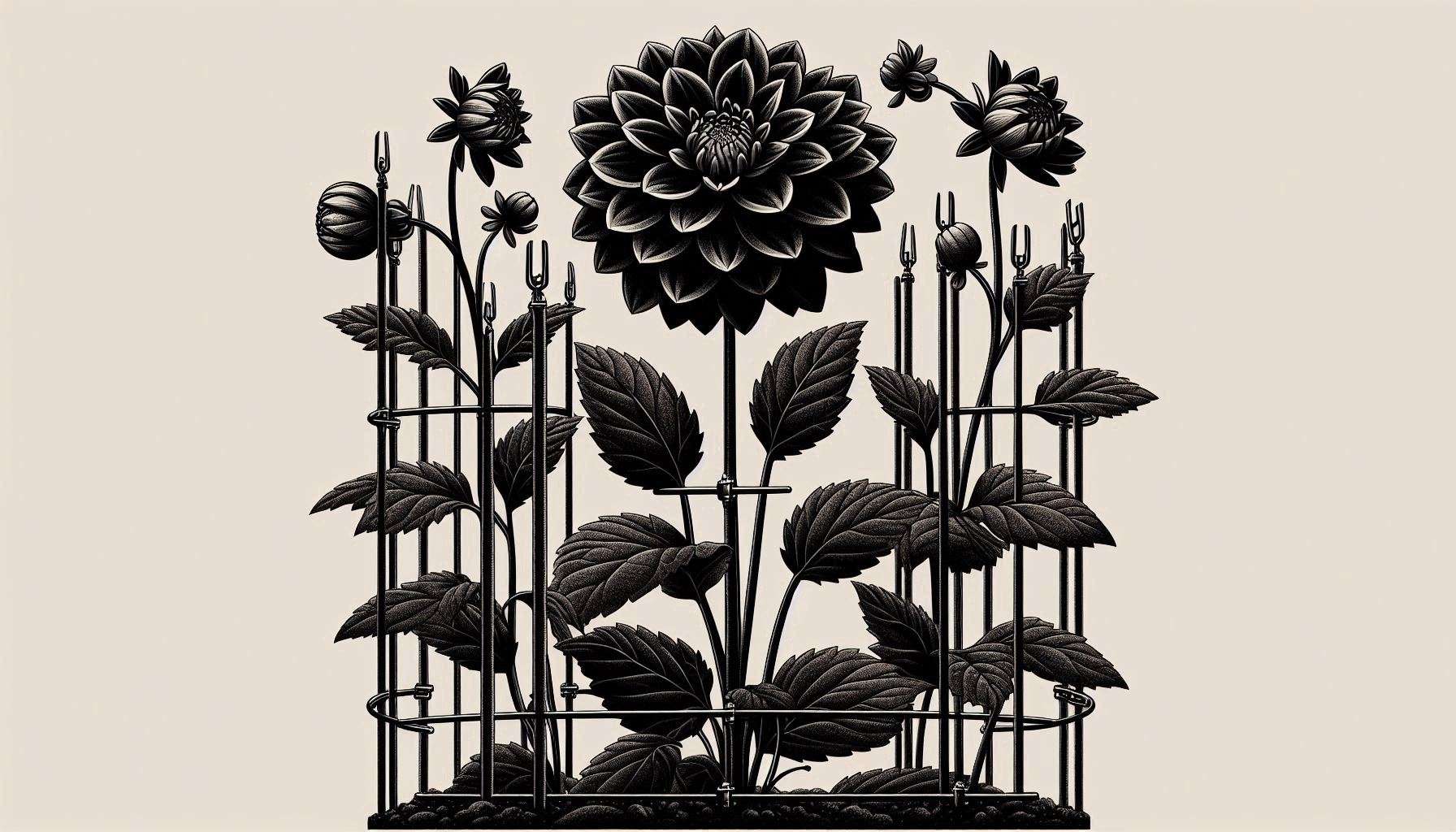 Tall Black Dahlia plant supported by garden stakes to prevent breakage