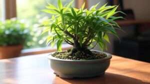 A thriving bonsai bamboo plant with lush green leaves in a shallow ceramic pot, placed on a wooden table near a sunlit window, featured as an image for an article titled "How to Care for a Bonsai Bamboo Plant: Expert Tips for Thriving Growth and Longevity