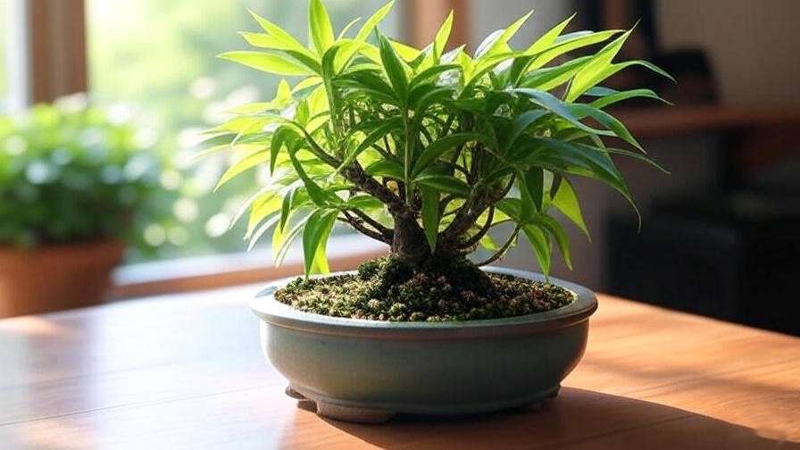 A thriving bonsai bamboo plant with lush green leaves in a shallow ceramic pot, placed on a wooden table near a sunlit window, featured as an image for an article titled "How to Care for a Bonsai Bamboo Plant: Expert Tips for Thriving Growth and Longevity