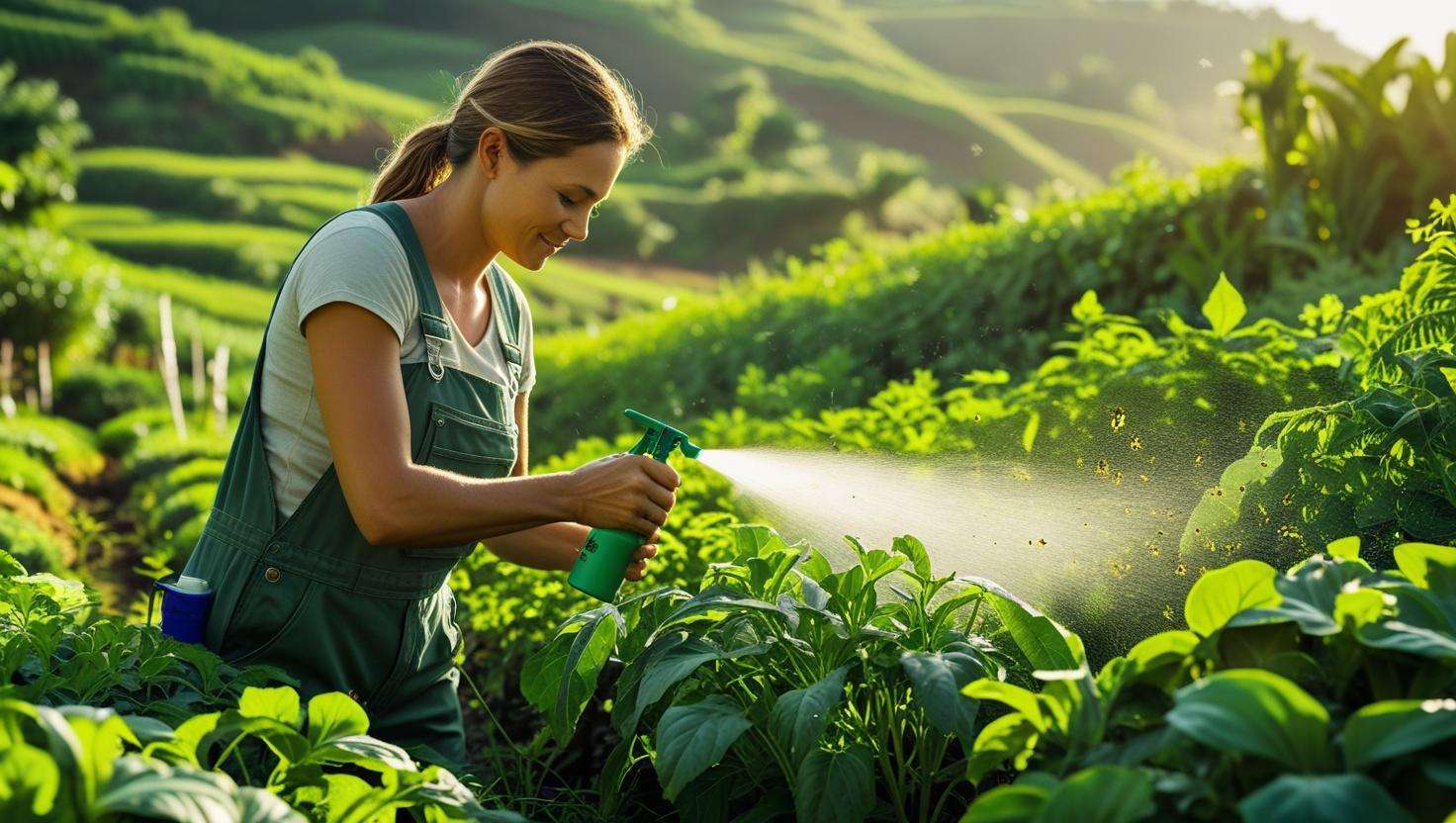 an image of a healthy farm with diverse crops and a thriving ecosystem. Show bees, butterflies, and birds actively contributing to pest control. The environment should feel peaceful and balanced, highlighting the benefits of natural pest control.