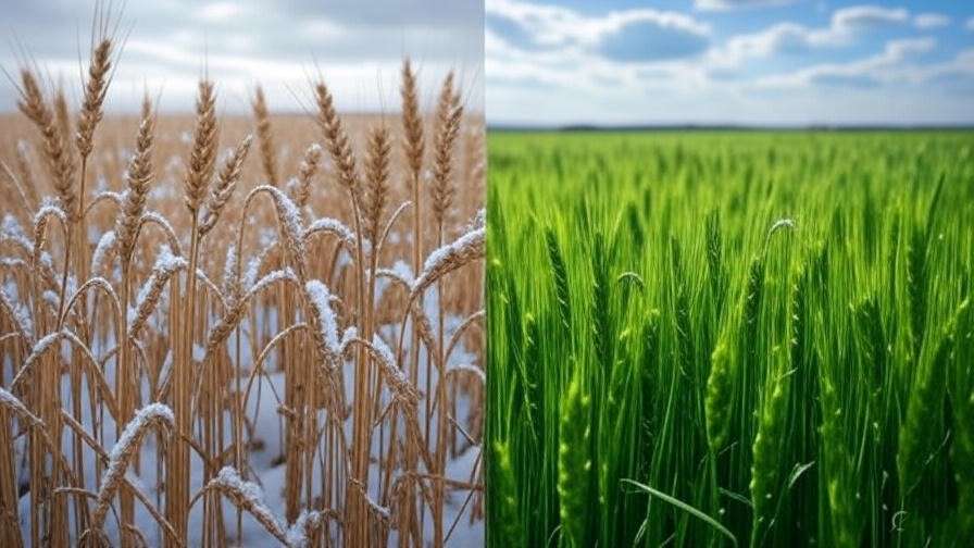 A split-image showing the difference between winter wheat and spring wheat (cold-resistant winter wheat and the growth cycle).