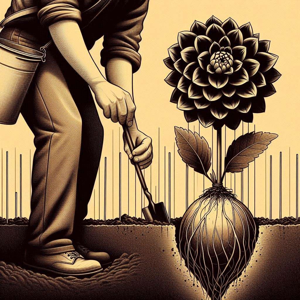 "Step-by-step process of planting Black Dahlia tubers in the garden with eyes facing up."
