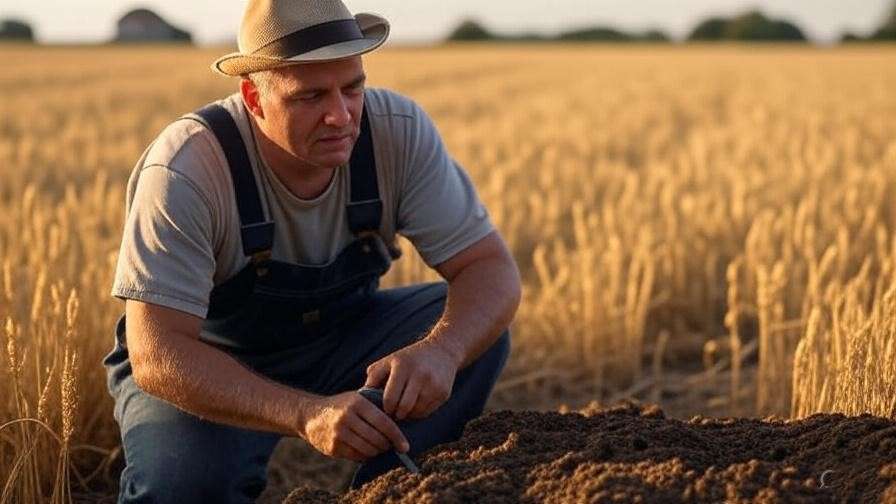 A farmer testing soil with a soil probe or looking at a soil test result.