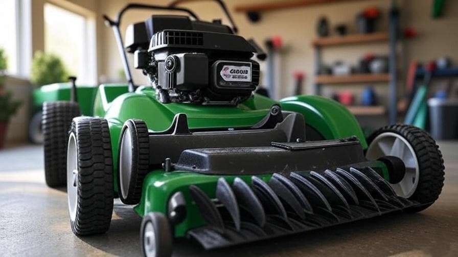 Close-up of a Scag mower’s powerful engine and cutting deck. 