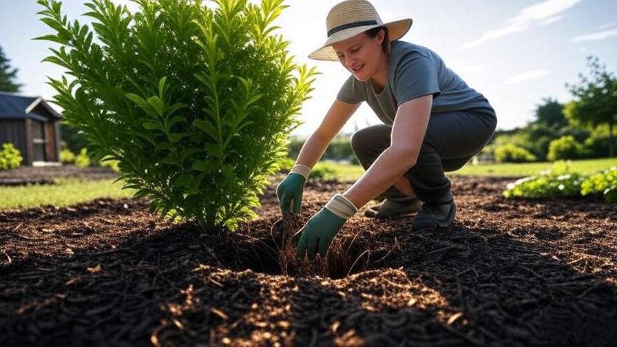 An image showing a gardener planting a Nanking Cherry bush in a well-drained, sunny garden spot.