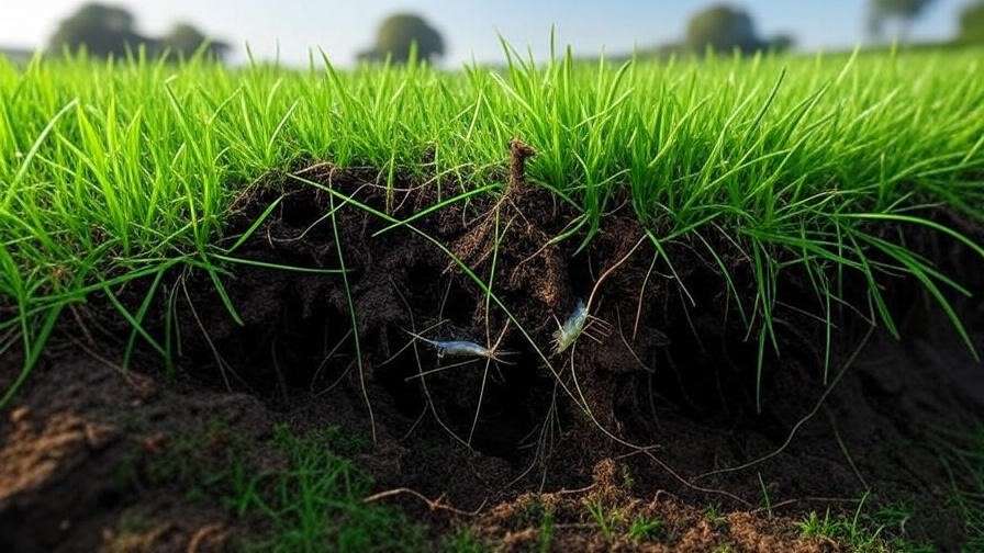 A vibrant lawn with visible healthy roots, water infiltration, and organic matter being broken down by lawn shrimp in the soil.