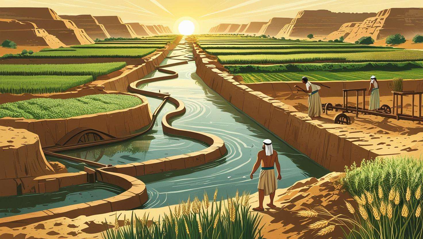 Realistic illustration of ancient irrigation systems in Mesopotamia and Egypt, featuring canals and water flowing from rivers to agricultural fields with workers managing the irrigation. The backdrop includes pyramids and ziggurats in earthy tones.