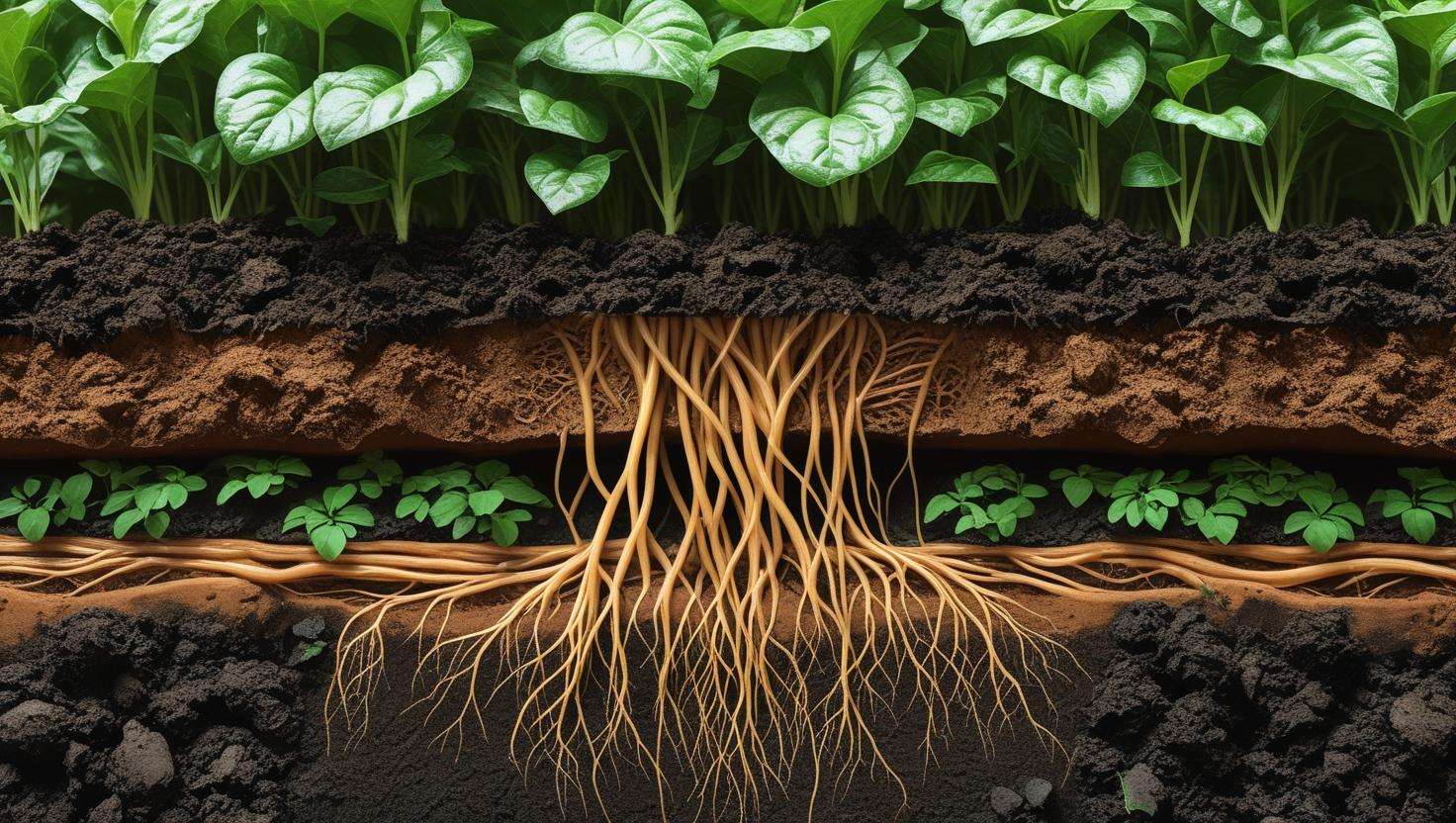 A cross-sectional view of healthy soil with well-penetrated roots and hydrated soil layers, showing thriving plants and droplets of water, demonstrating the positive impact of proper irrigation on soil health.